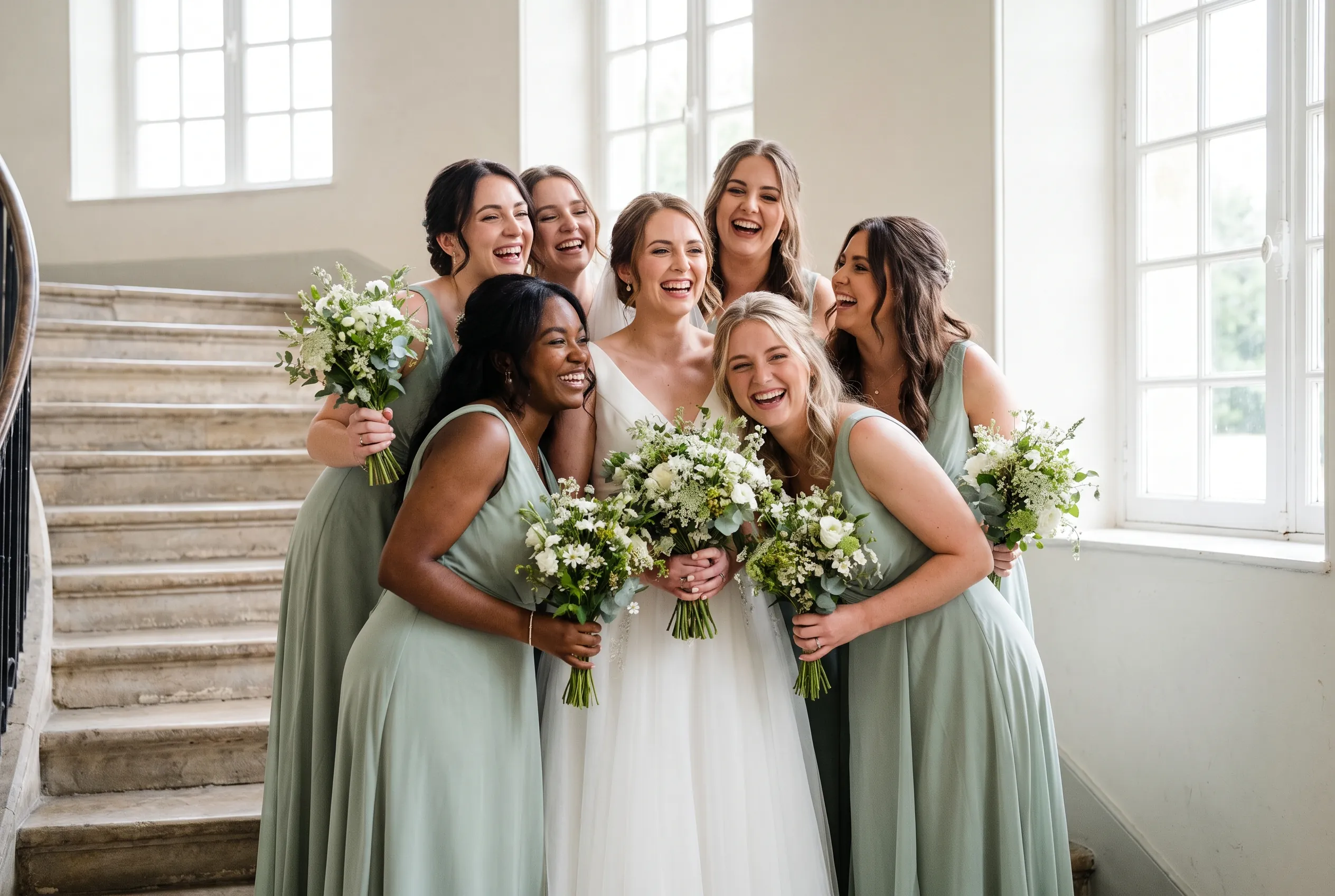 Bride laughing with her bridesmaids