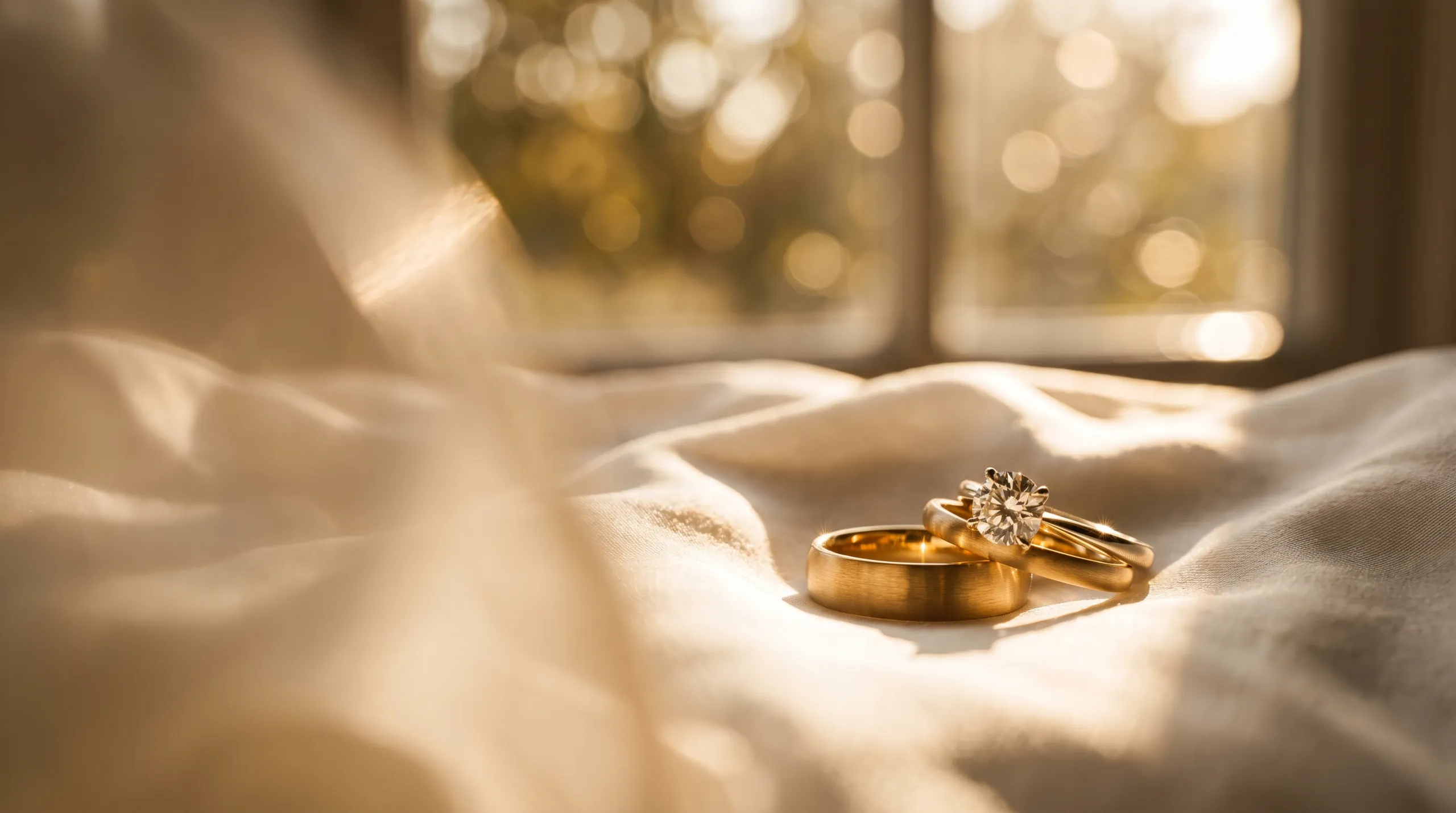 Wedding rings resting on ivory silk
