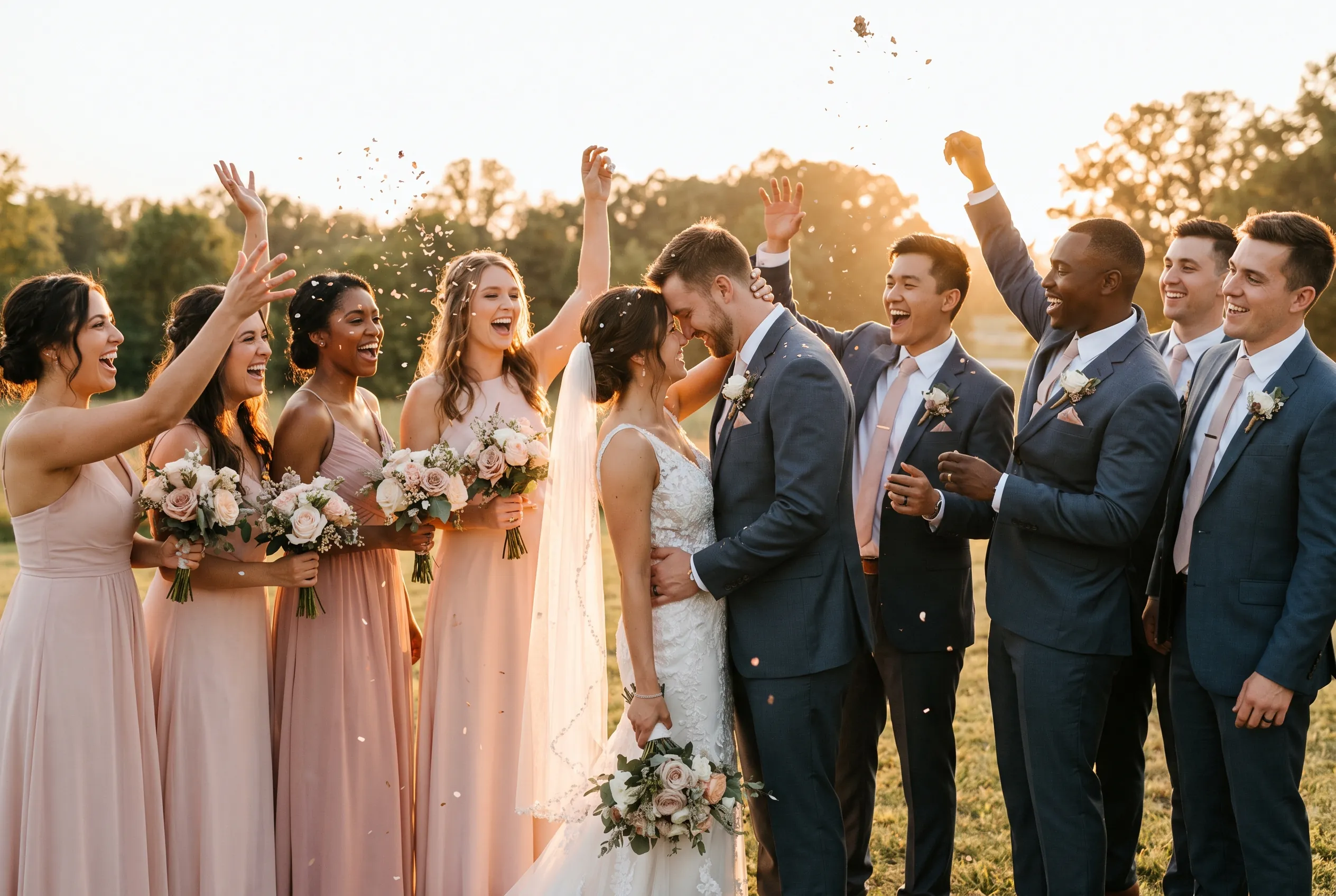 The bridal party celebrating at golden hour